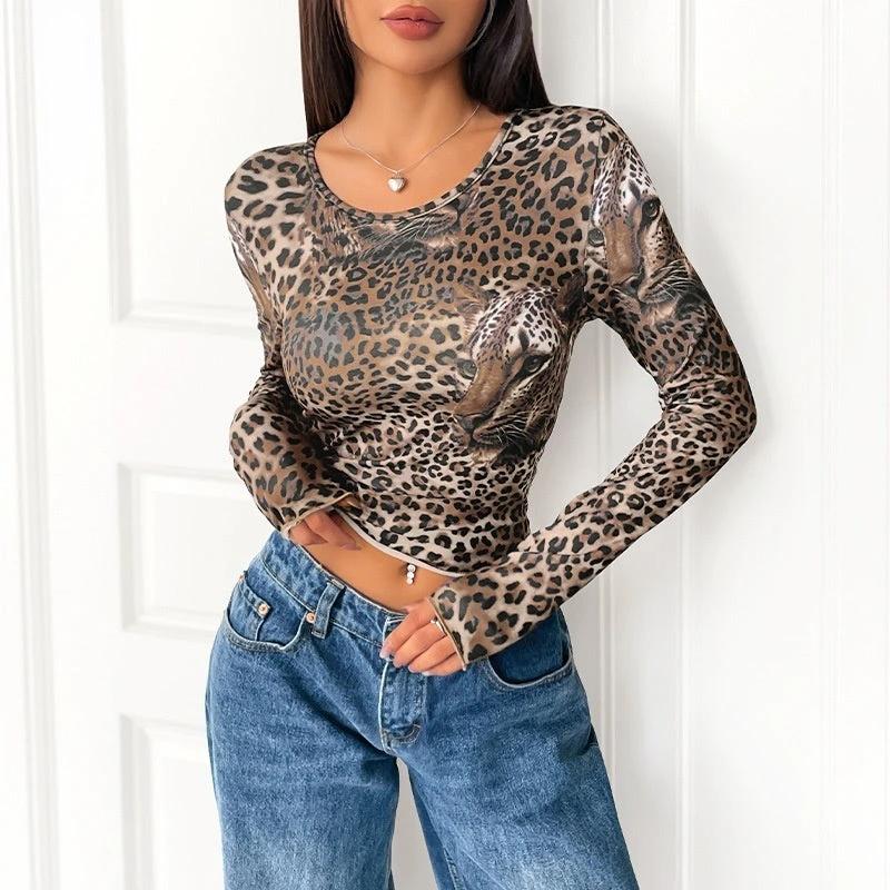 Women's Vintage Leopard Print Long-sleeved T-shirt by GJG Denim