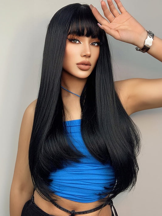 ENTRANCED STYLES Natural Black Wigs For Women Long Straight Wig With Bangs Black Hair Wigs Heat Resistant Synthetic Womens Wig For Daily Party Use 24 Inch