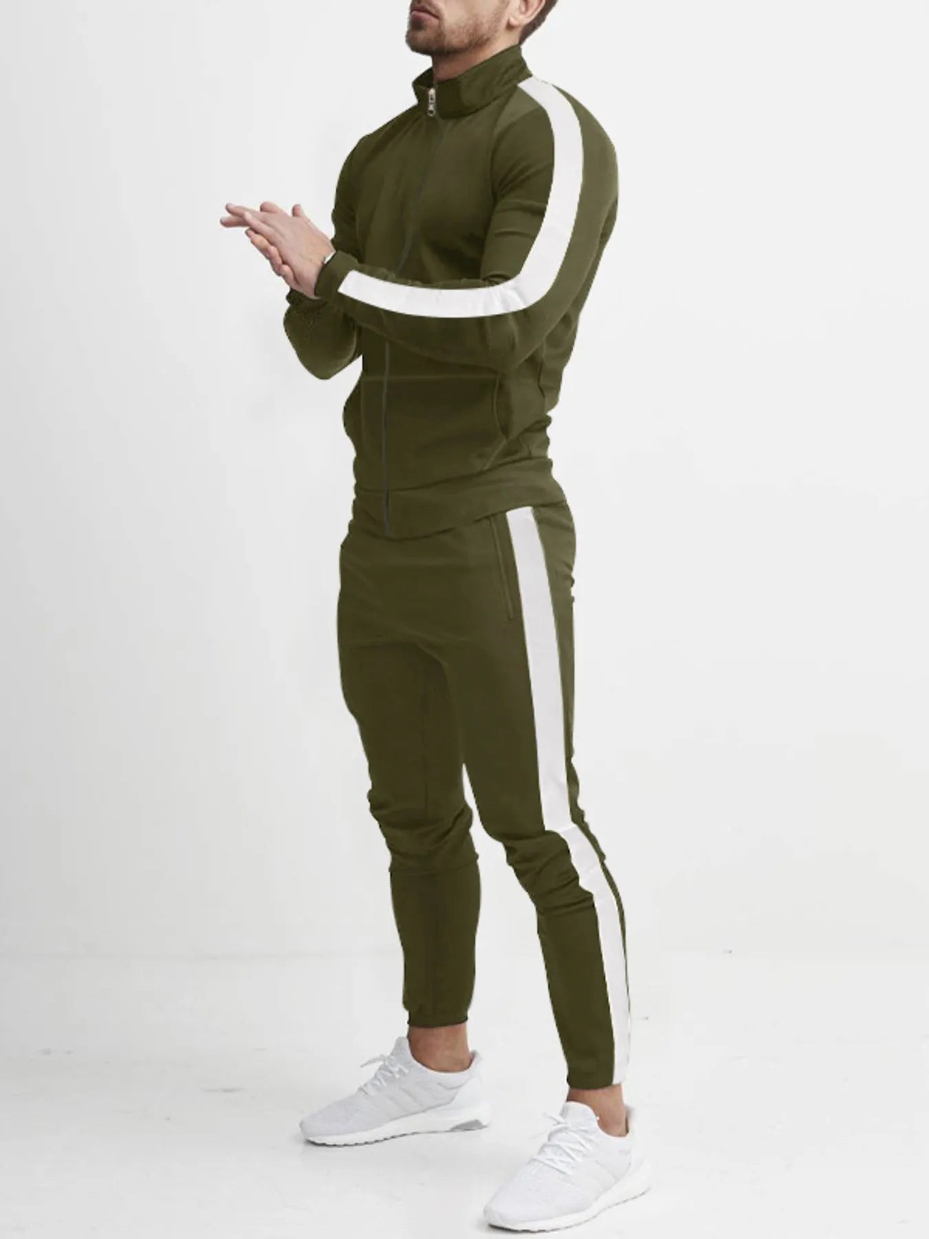 Men's Full Size Side Stripes Zip Up Top and Pants Set Plus Size
