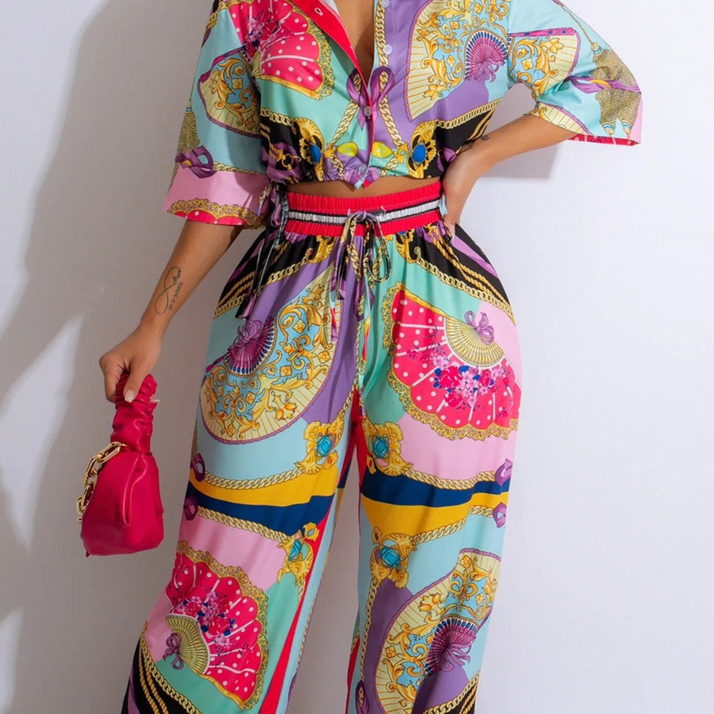 Fan Pattern Printed Short Sleeve Set