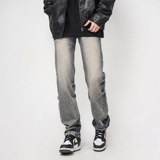 High Street Washed Yellow Mud Dyed Loose Straight Jeans For Men