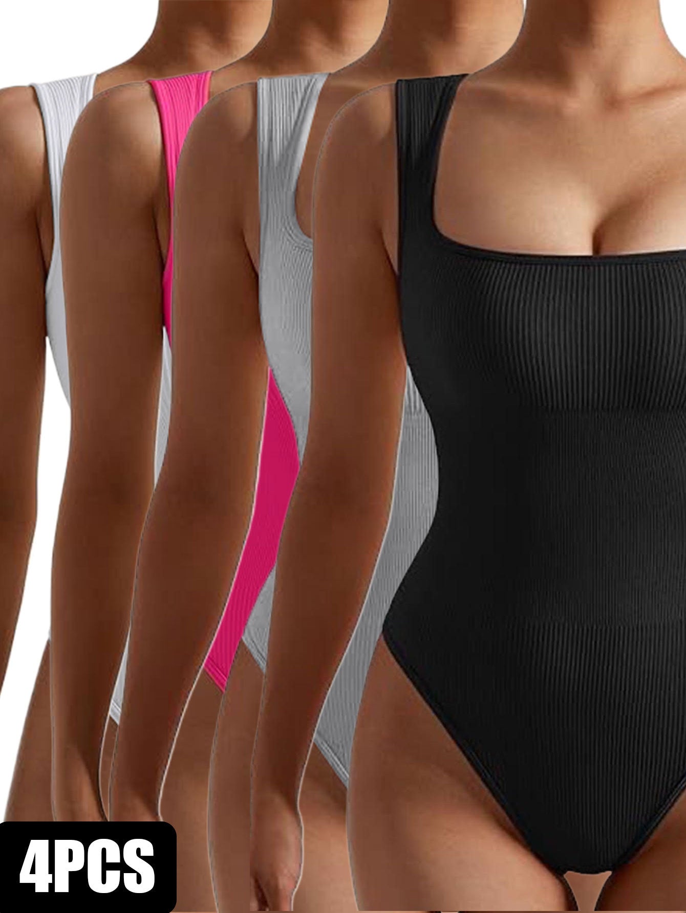 4 Pack Women body suit One Piece Bodycon Unitards Tummy Control Bodysuit Square neck
