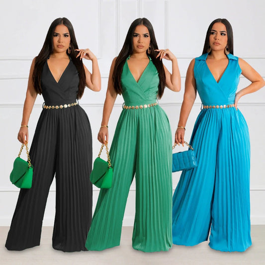 Cinched Pleated Loose Wide Leg Jumpsuit