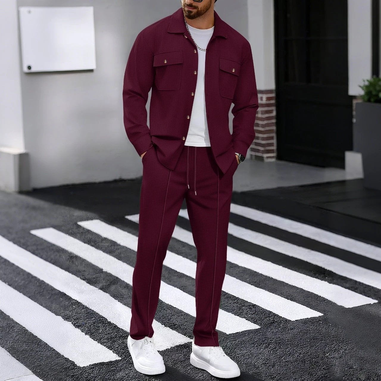 Autumn New Waffle Long-sleeved Trousers Two-piece Set Cardigan Shirt Suit by GJG Denim