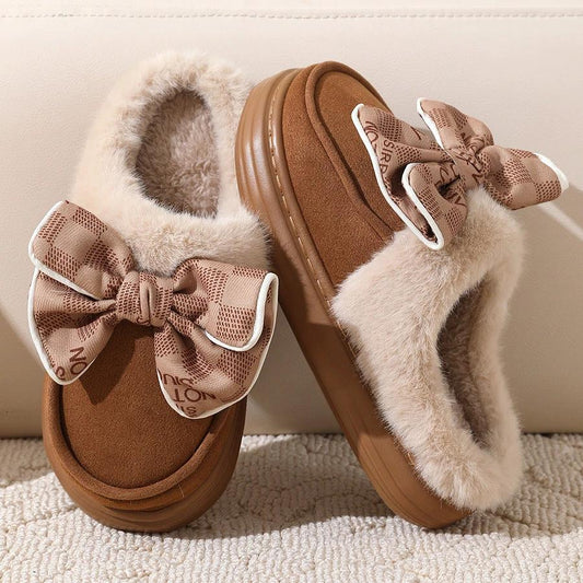 Cute Bowknot Plush Slipper Winter Warm Indoor Floor Bedroom Home Slippers For Women Fashion Thick-soled Solid House Shoes by GJG Denim