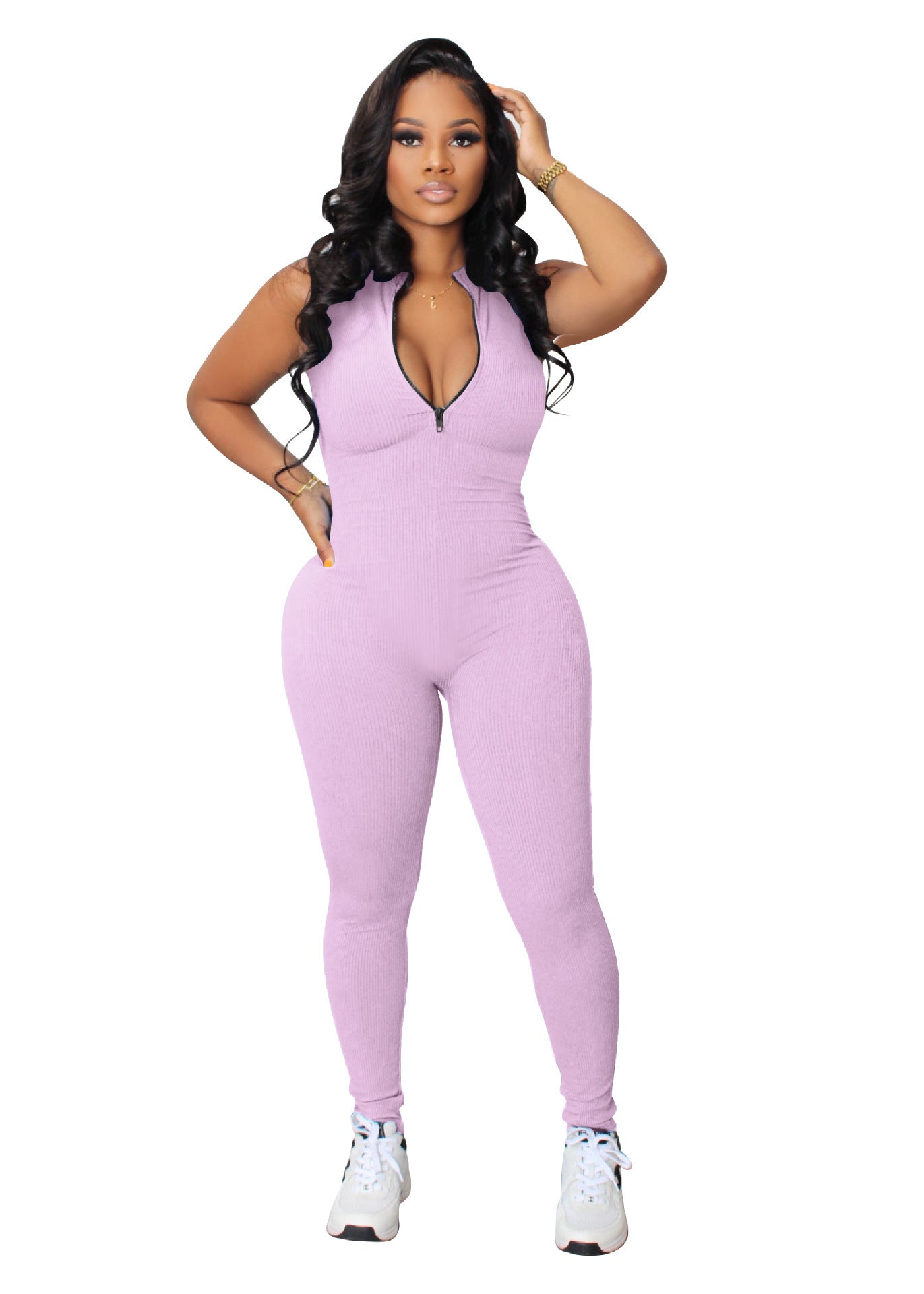 Women's Solid Color Stretch Small Sunken Stripe Zipper Jumpsuit