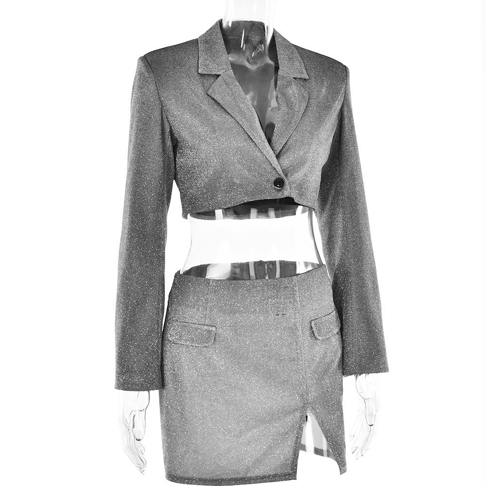 V-neck Long Sleeve Shiny Top Skirt Two-piece Suit