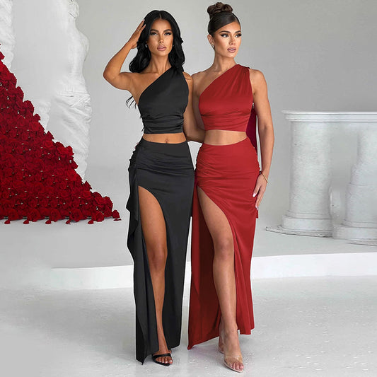 One-shoulder Satin Short Top High Waist Split Maxi Skirt