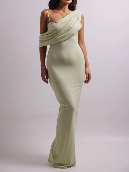 Light Green Off-The-Shoulder Rhinestone Bodycon Dress by GJG Denim
