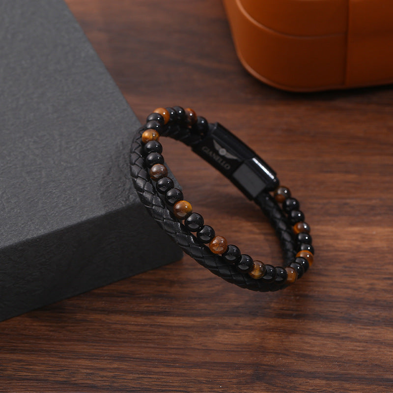 Men's Hand-woven Natural Tigereye Leather Beaded Bracelet