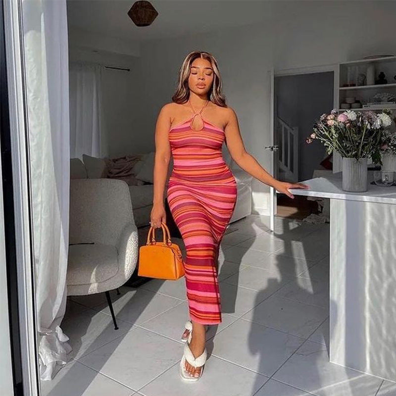 Striped Contrast Long Dress Sexy Halter Strap Backless Wrap Chest Slit Dress