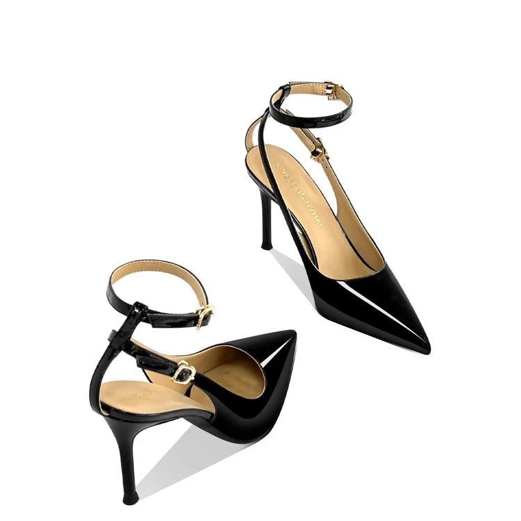 Women's Minimalist European & American Style Pointed Toe Patent Leather Stiletto Sandals, Ankle Strap, Slim Fit, Sexy Nightclub Shoes by GJG Denim