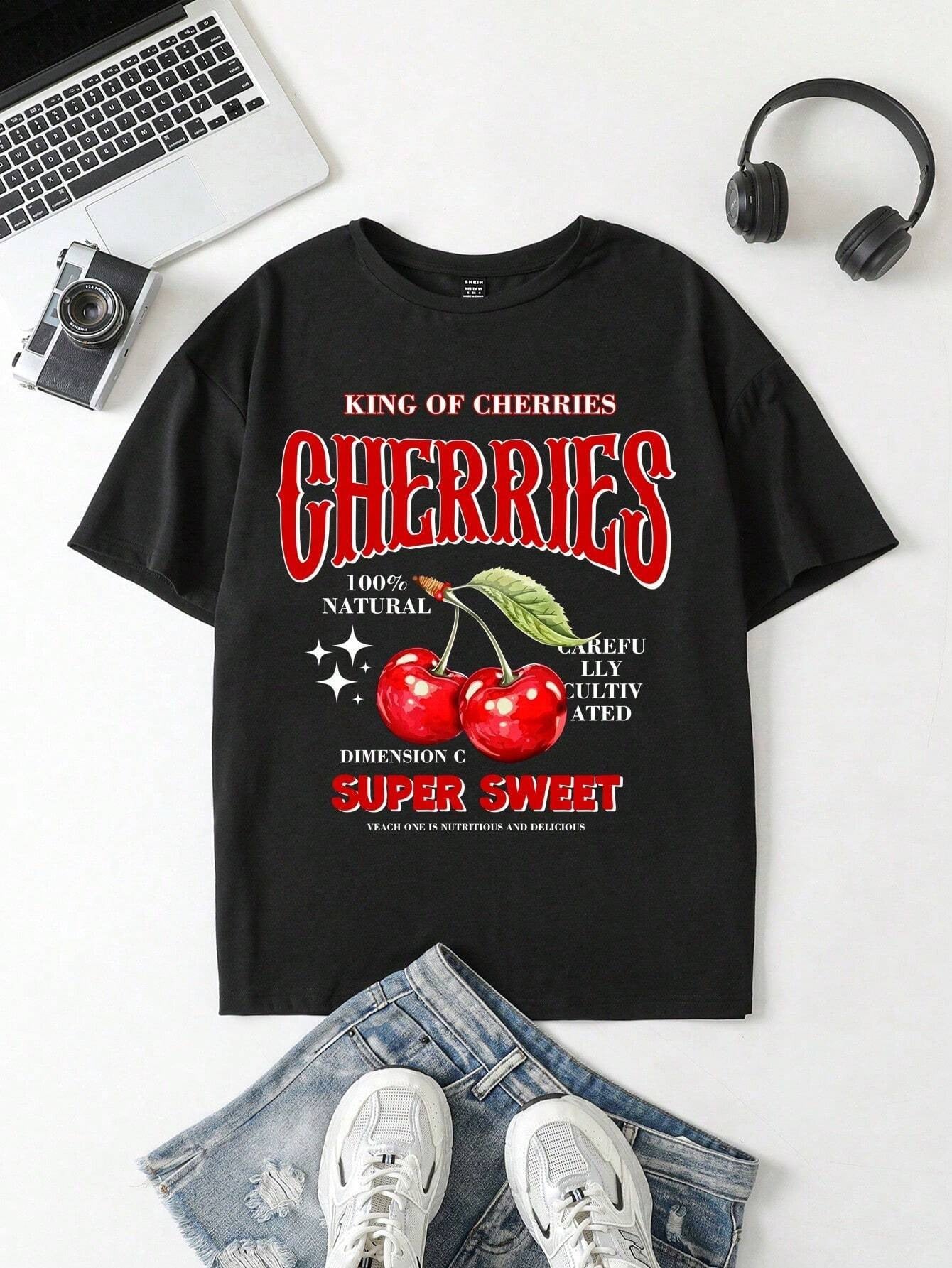 Plus Size Cherry Ocean Shark Print Round Neck Short Sleeve Women's