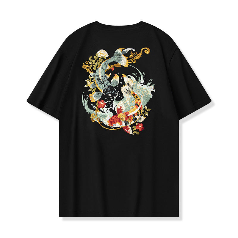 Loose Embroidered Floral Koi Short-sleeved T-shirt For Boys
