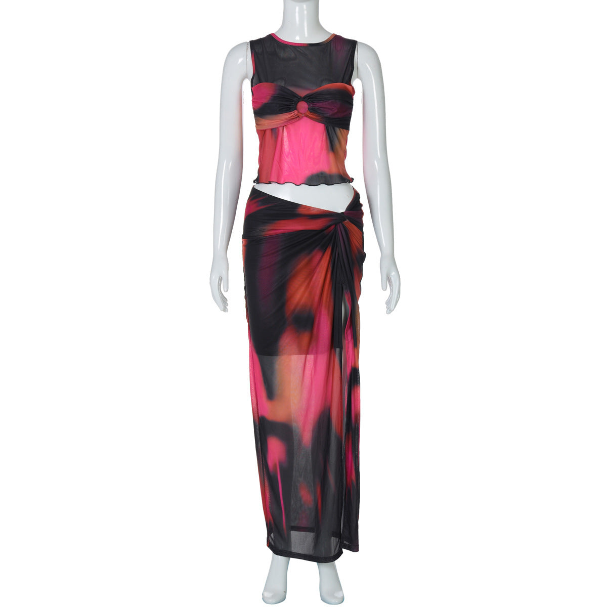 Women's Sleeveless Printed Mesh Half-length Long Dress Suit