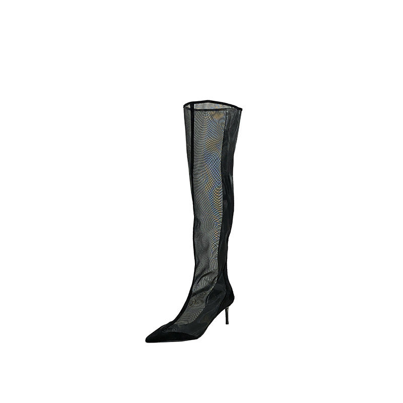 Fashion Pointed Transparent Mesh High Leg Boot Back Zipper Breathable Stiletto Heel Sandal Boots
