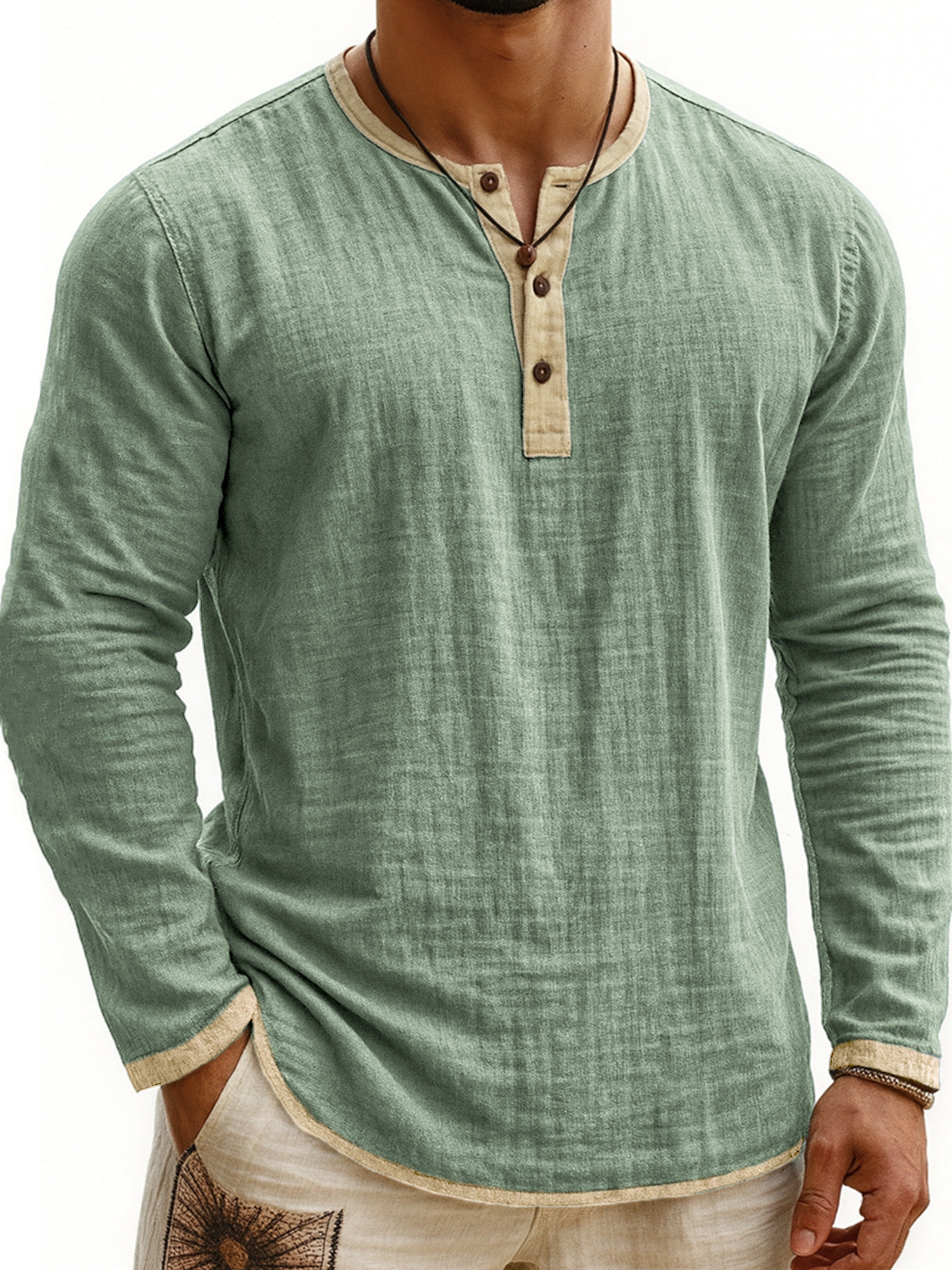 Men's Two-tone Henley Shirt 3-button Casual Long Sleeve Shirt