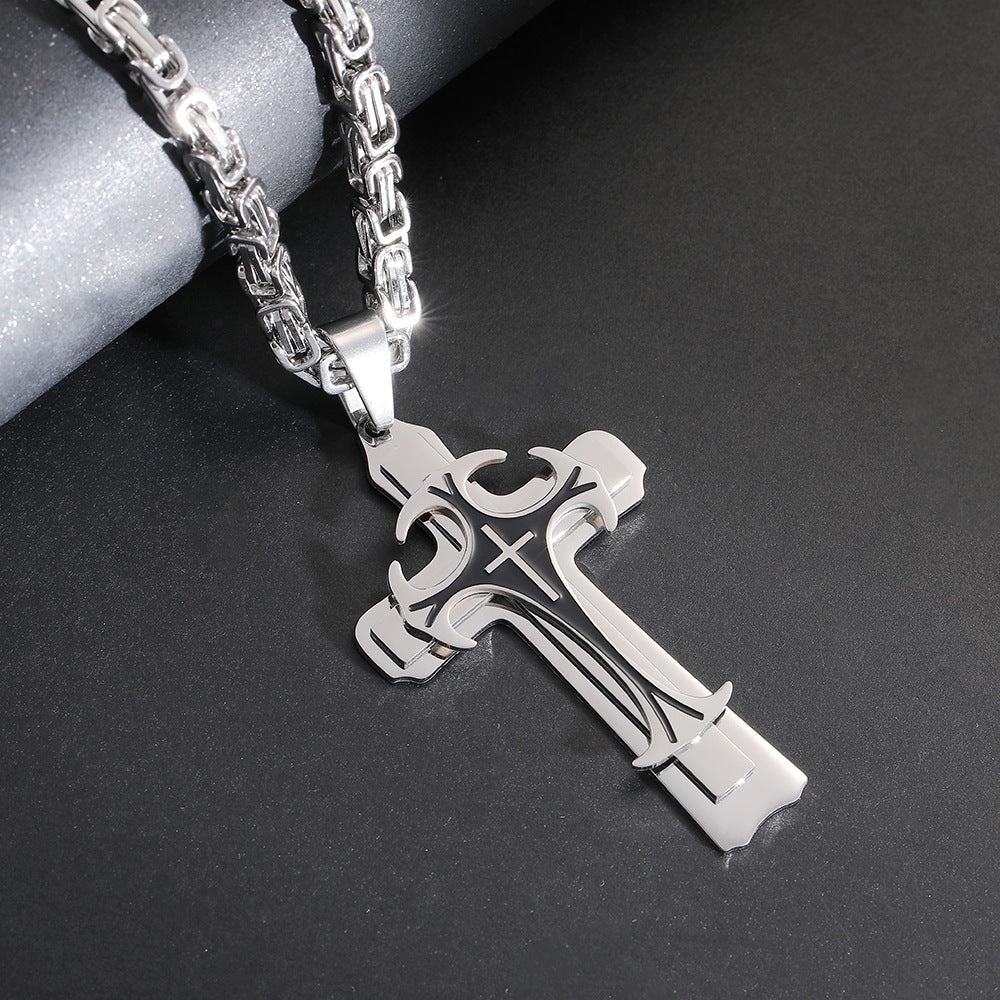 Christian Trinity Latin Cross Necklace For Men Stainless Steel Three Layers