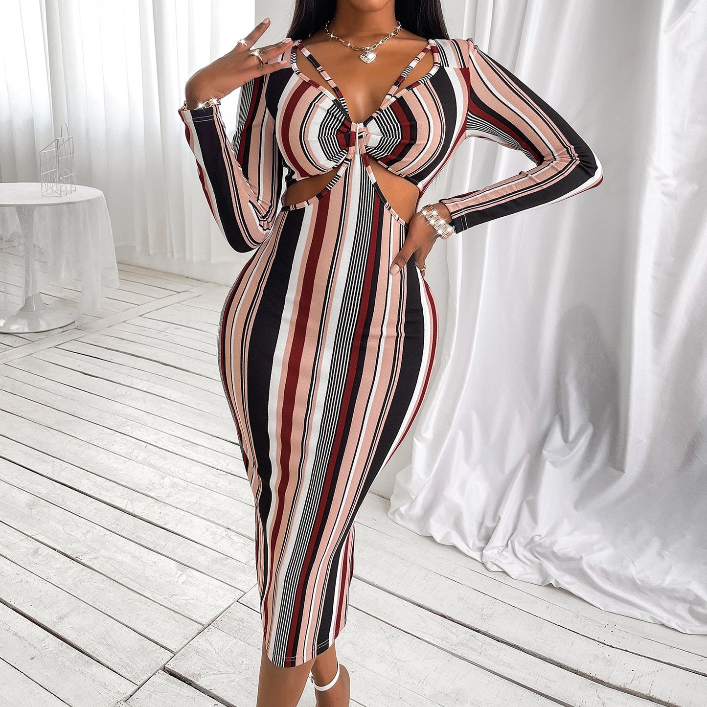 Women's Wrap Chest Striped Long Sleeve Dress