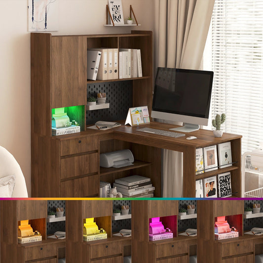 L Shaped Desk, Computer Desk With Drawers, Bookshelf,with LED Light, Modern Corner Desk by GJG Denim