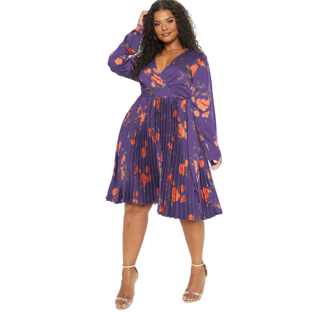Deep V-neck Pleated Temperament Dress Women
