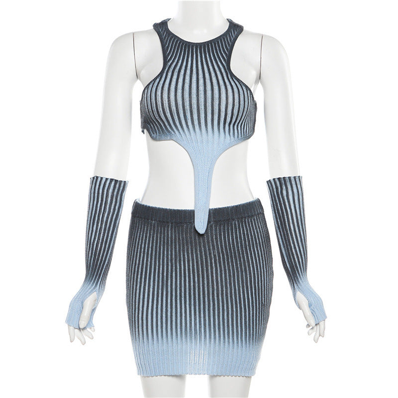 Knitted Gradient Irregular Top High Waist Skirt Set