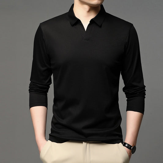 Men's Solid Color Casual Cotton Lapel Long Sleeve Shirt by GJG Denim