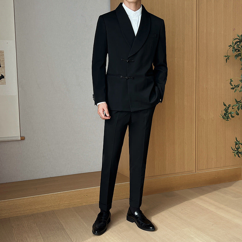 Men's Retro Solid Color Collar Two-piece Suit