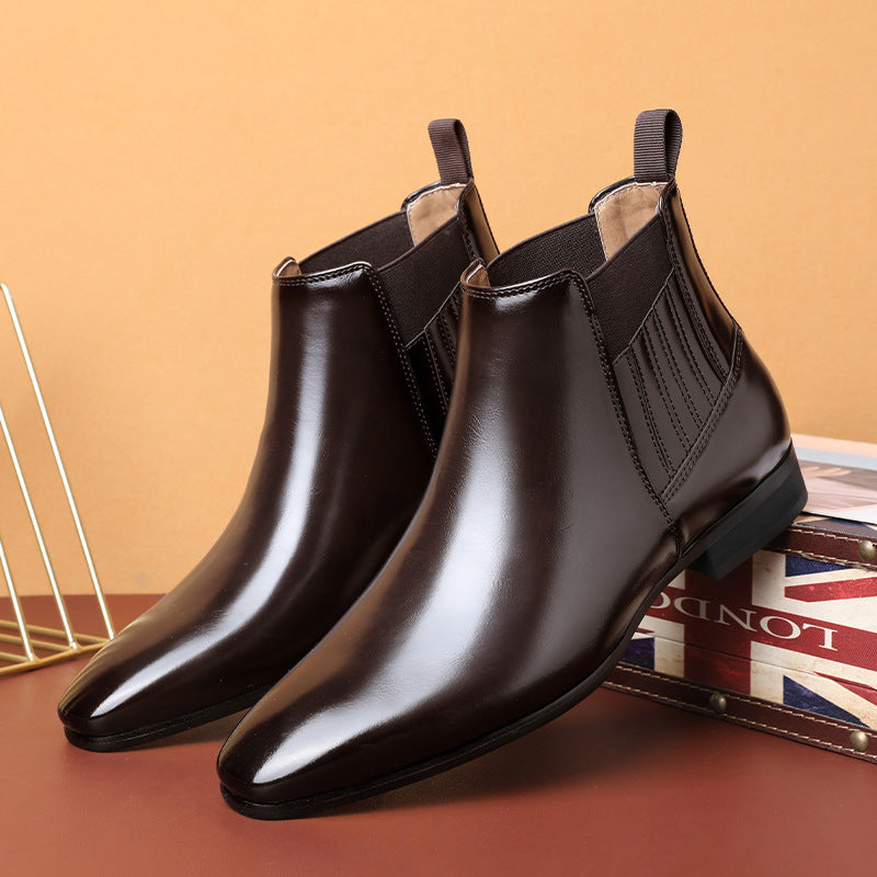 Men's Pointed Toe Chelsea-style Boots Square Heel Business Formal Leather Shoes