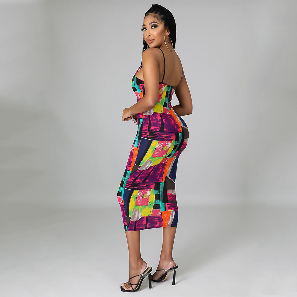 Fashion Sexy Digital Print Suspender Dress