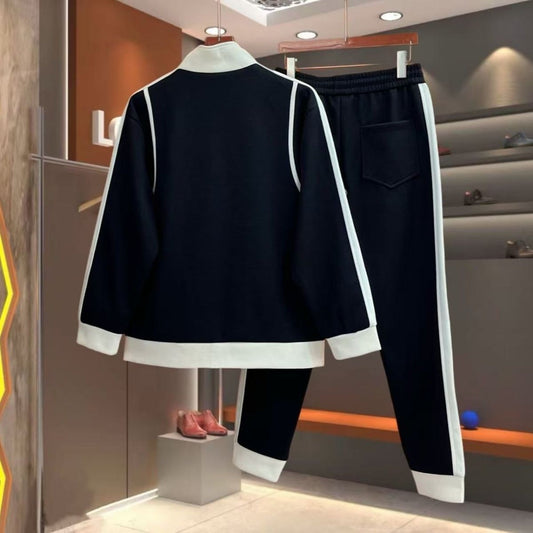 Men's Casual Color-block Long-sleeve Stand-collar Jacket And Slim-fit Jogger Pants Set