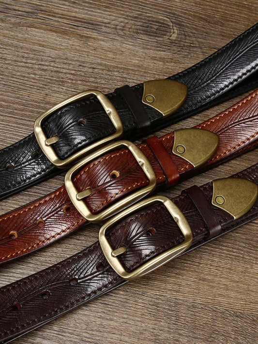 Men's 3.8CM Wide Thick Double-sided Cowhide Brass Buckle Belts
