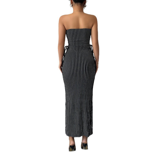 Women's Casual Striped Strapless Tube Top And Sheath Skirt Set