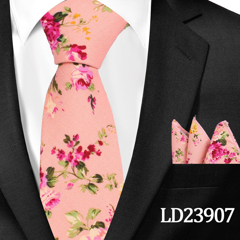 Men's Casual Cotton Floral Print 6cm Tie and Pocket Square