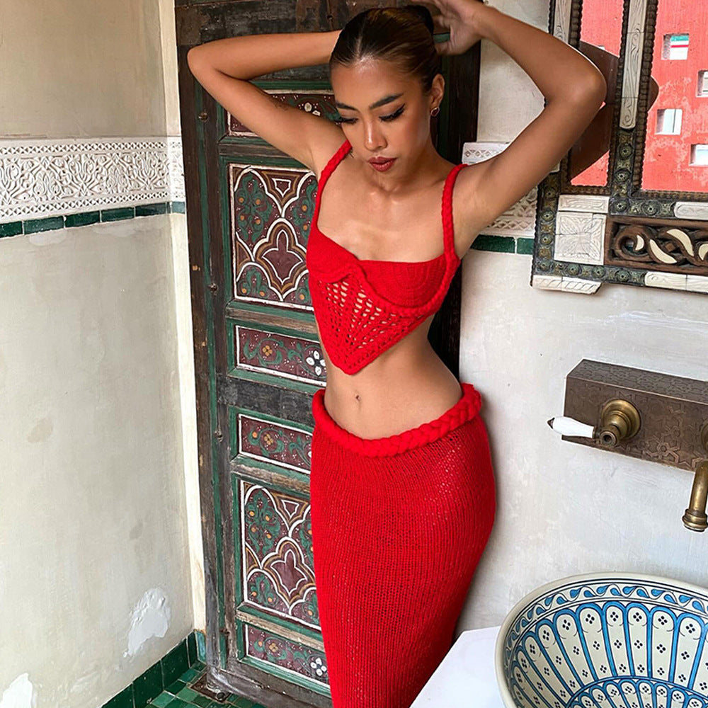 European And American Sexy Hollow-out Navel Knitted Beach Skirt Leisure Seaside Vacation