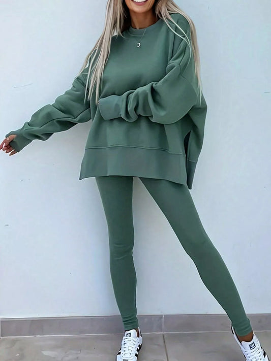 Oversized Slit Sweatshirt and Ribbed Leggings 2pcs Set