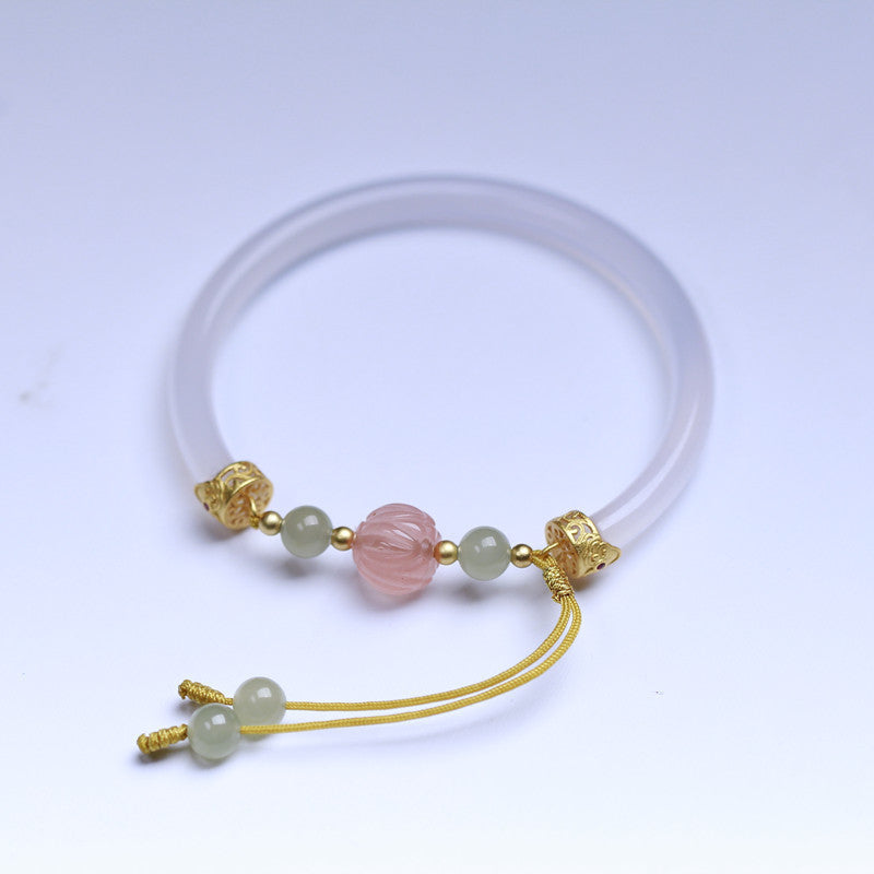 Natural White Agate Half Bracelet With South Red Lotus Beads Accessories S925 Silver
