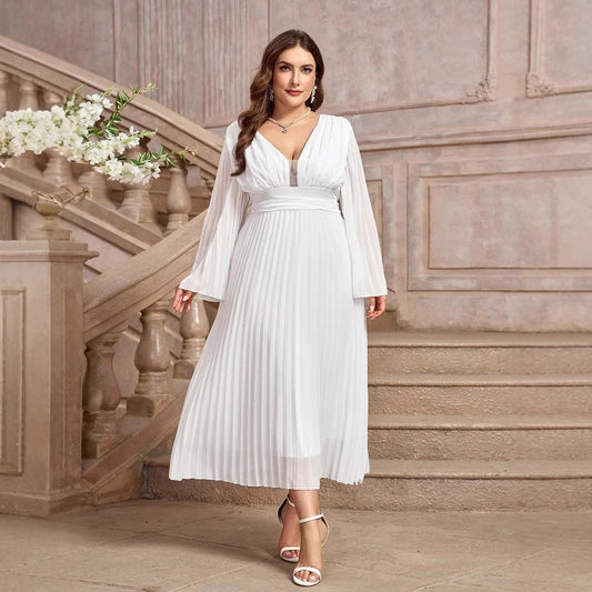 Plus Size Dress Women's V-neck Long Sleeve