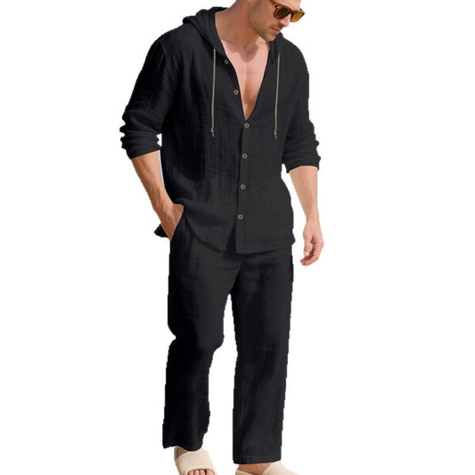Loose, Breathable Linen Casual Hooded Long-sleeve Shirt And Pants Set