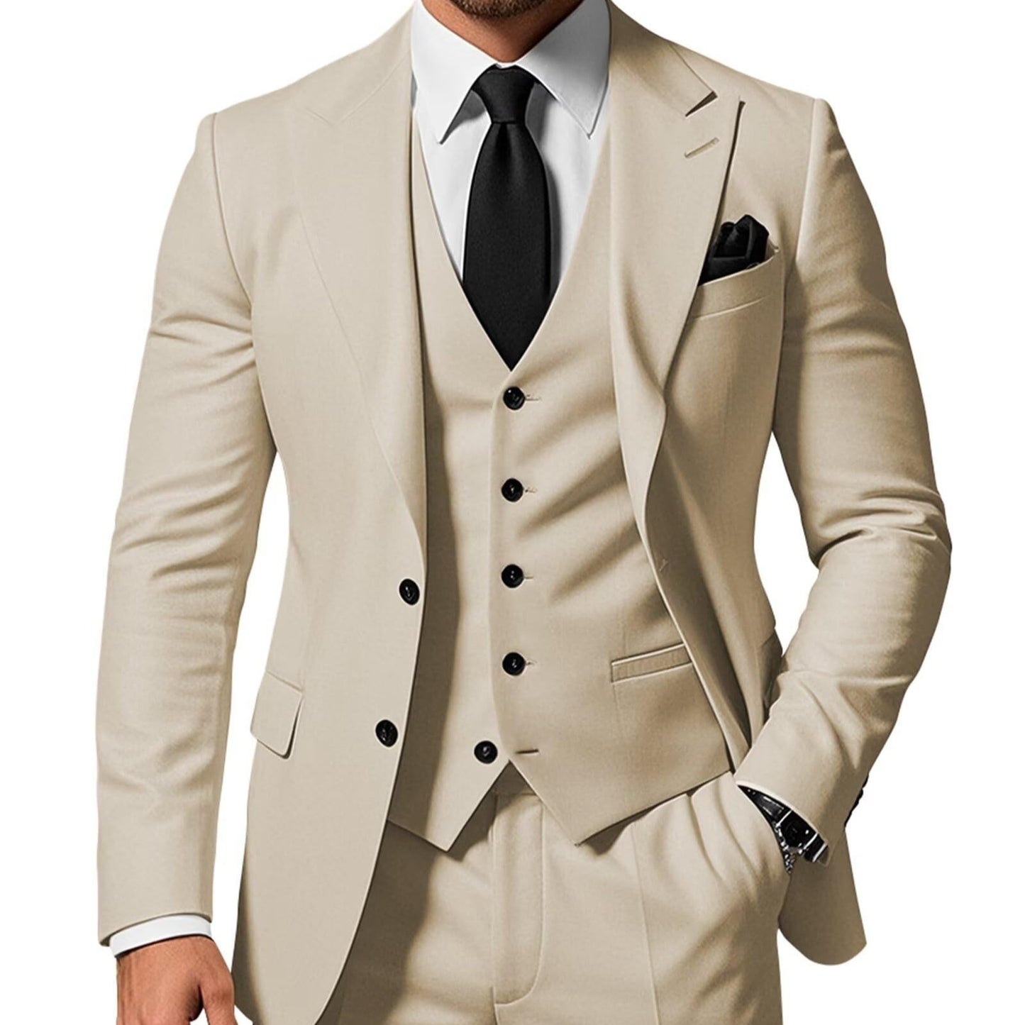 Men's Solid Color 2-piece Buckle Casual Jacket Vest Pants Suit