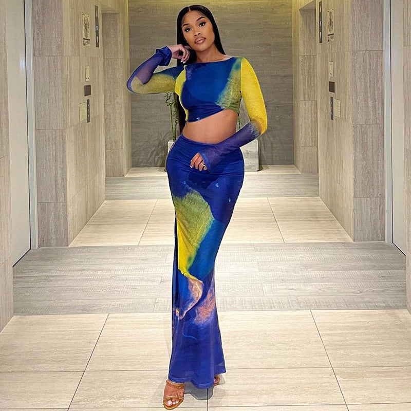 Printed Long Bell Sleeve top and long Skirt Set