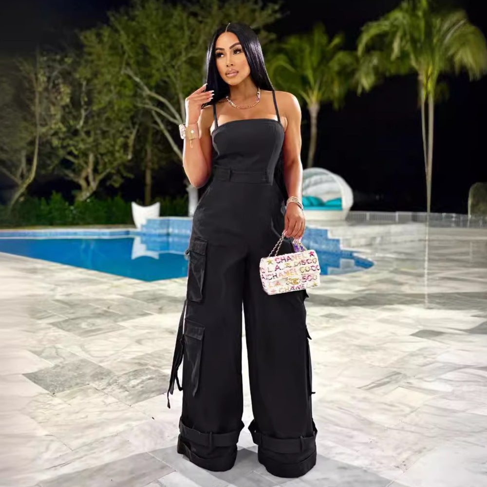 Tube Top Multi-pocket Cargo Wide Leg Jumpsuit