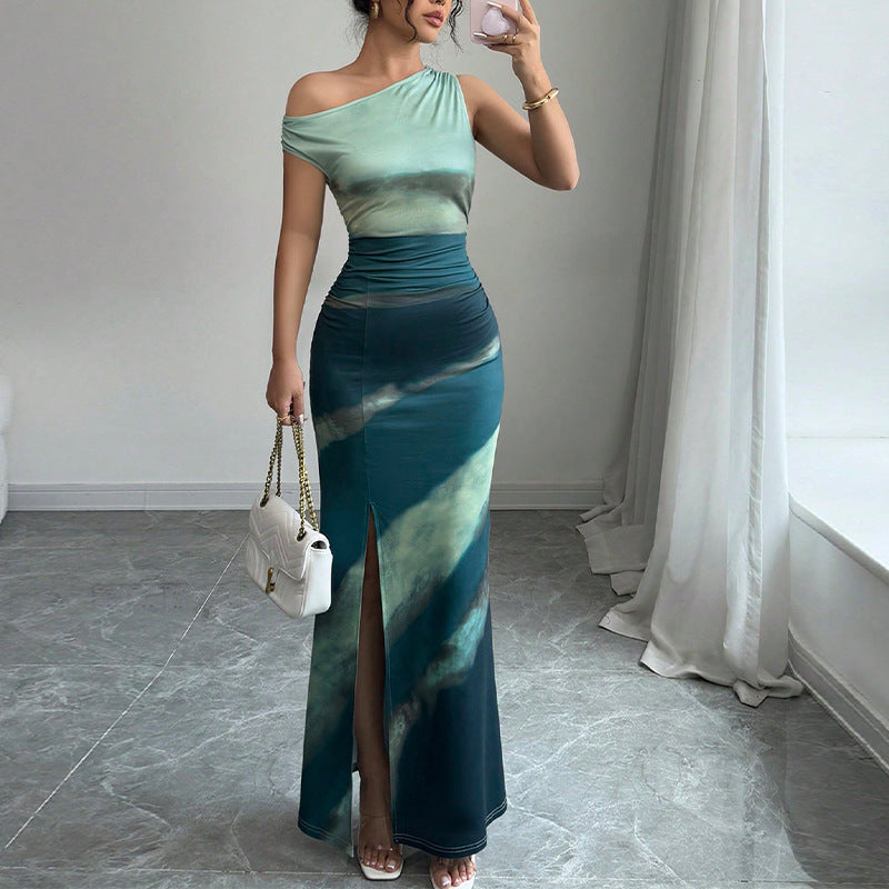 European And American Contrast Color Slim Fit Dress Slant Shoulder