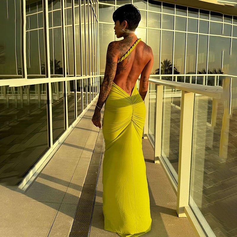 Halter Backless Pleating Sheath Dress
