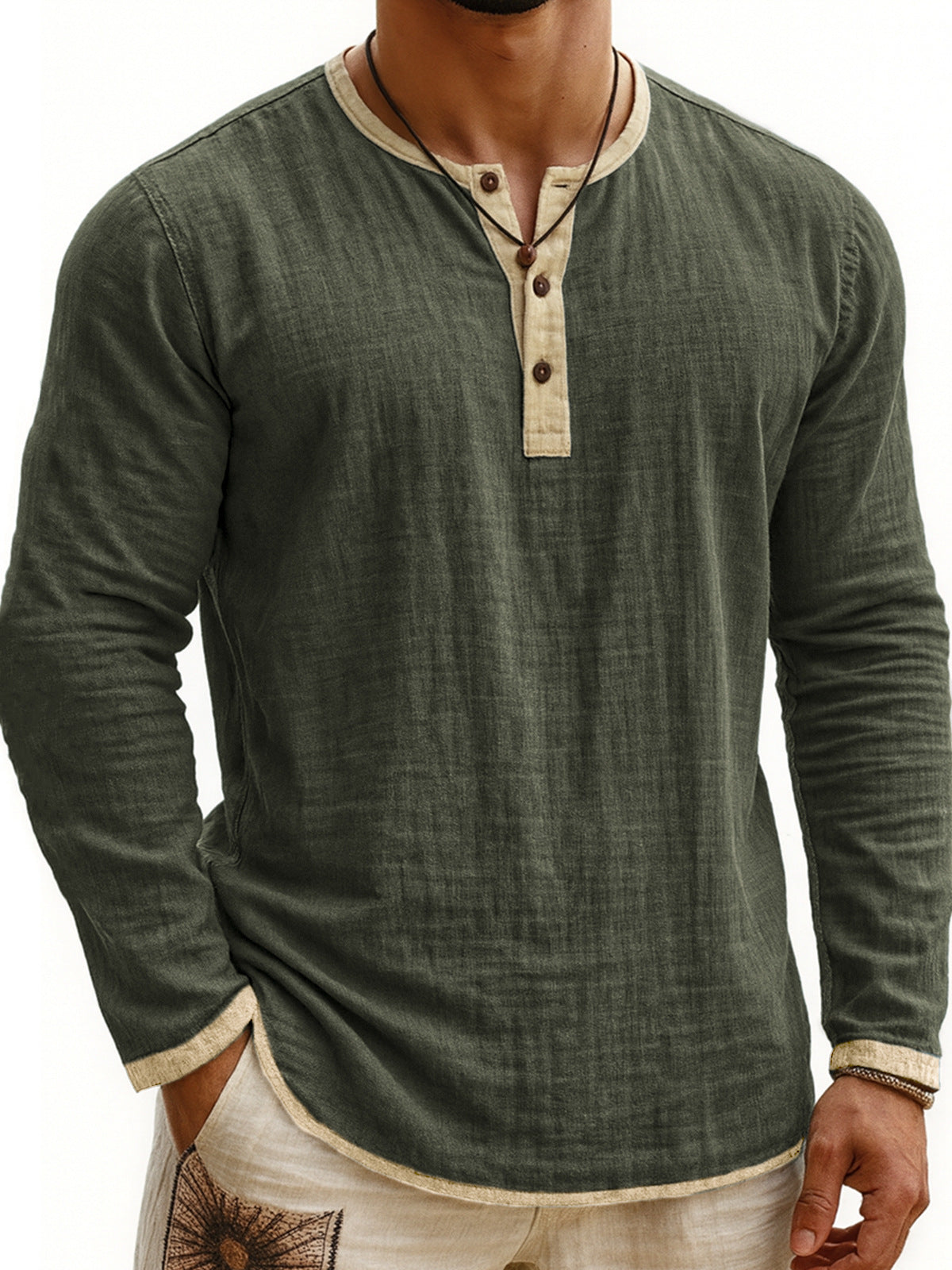 Men's Two-tone Henley Shirt 3-button Casual Long Sleeve Shirt