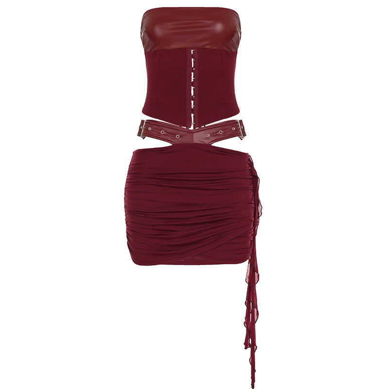 Lace-up Tube Top Leather Look Low Rise Hip Belted Skirt Set