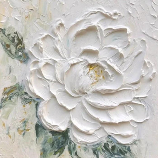 Cream Wind White Peony Flower Thick Texture Hand Drawn Oil Painting Hanging Painting by GJG Denim