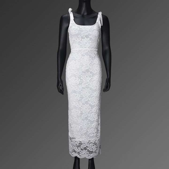 Lace Bow Sexy Backless Lace Double Layer Length Dress