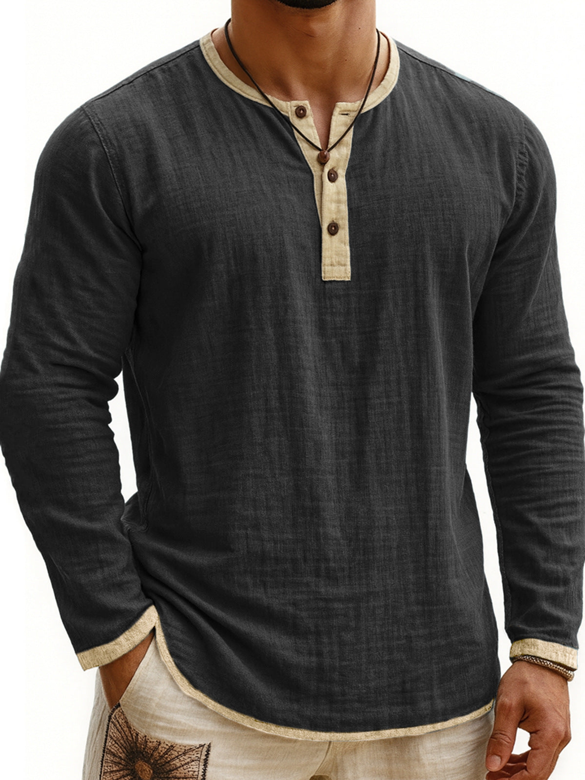 Men's Two-tone Henley Shirt 3-button Casual Long Sleeve Shirt