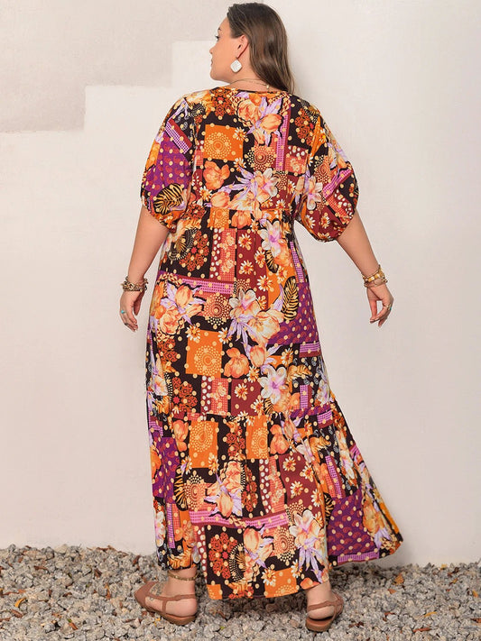Plus Size Printed V-Neck Half Sleeve Maxi Dress by Lady Ros